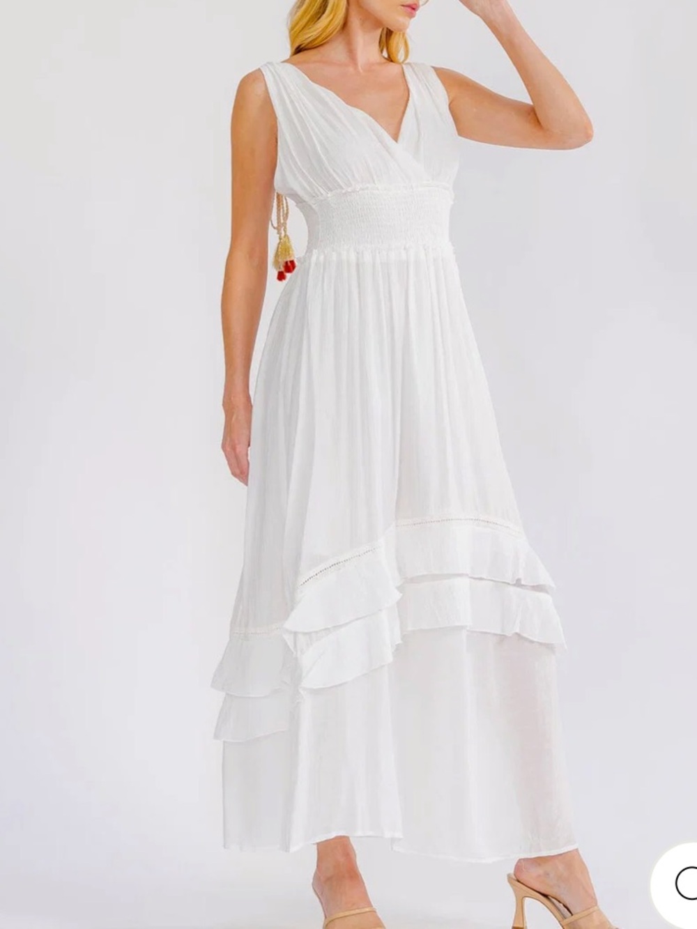 Boho Women’s pompom tassel White V-Neck Maxi Dress size S-M-L